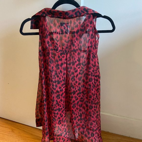 High Low Red Leopard Print Cutout Sheer Blouse - Picture 4 of 4